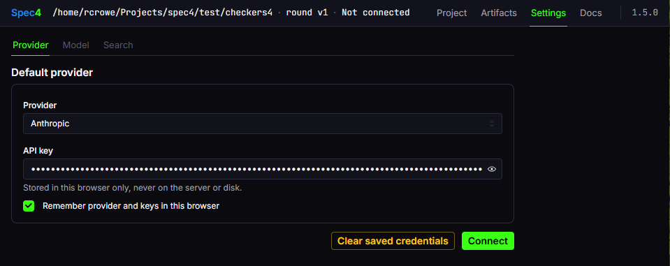 Spec4's Settings page, provider step