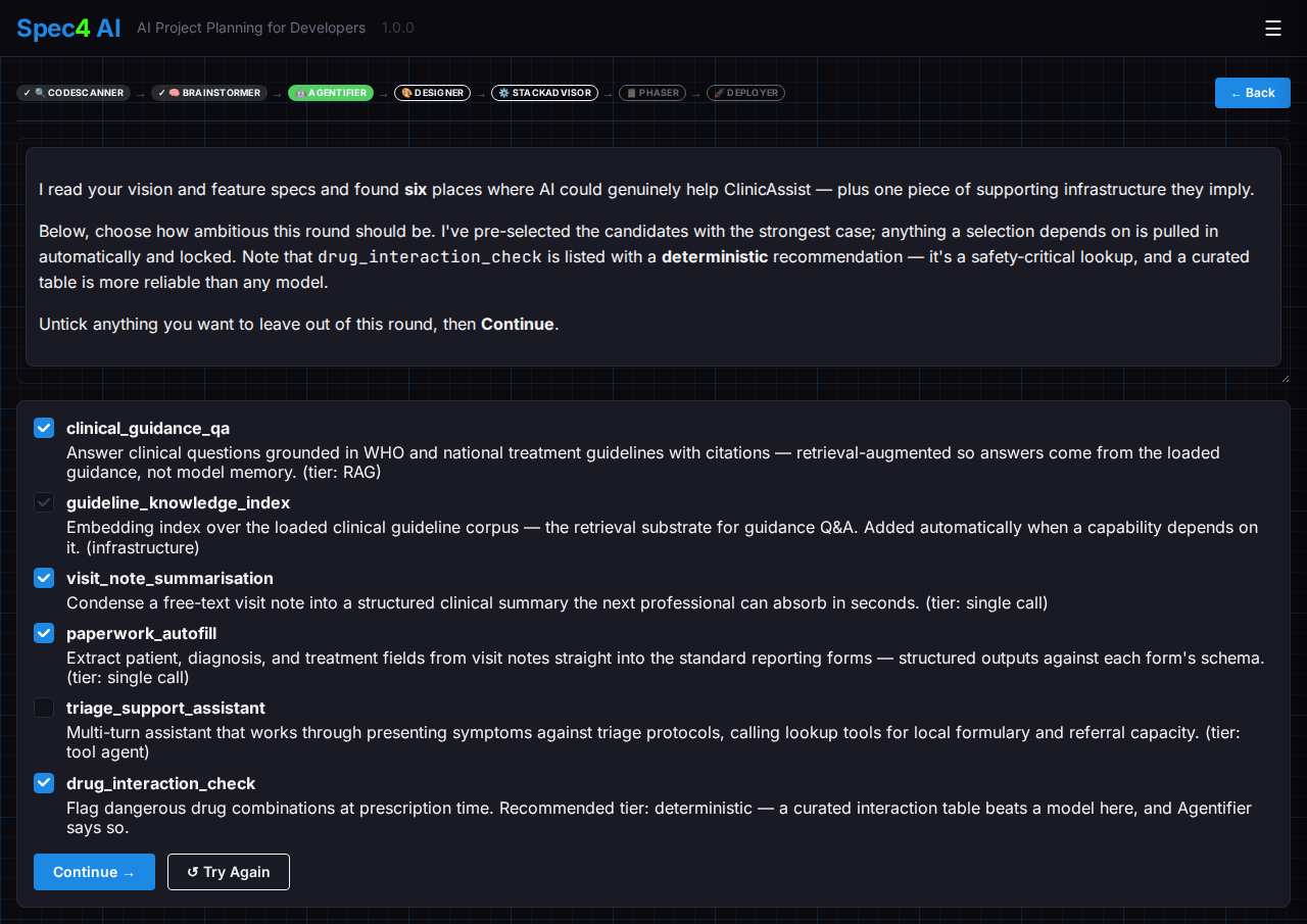 Agentifier's breadth selection panel — choosing which AI features to include
