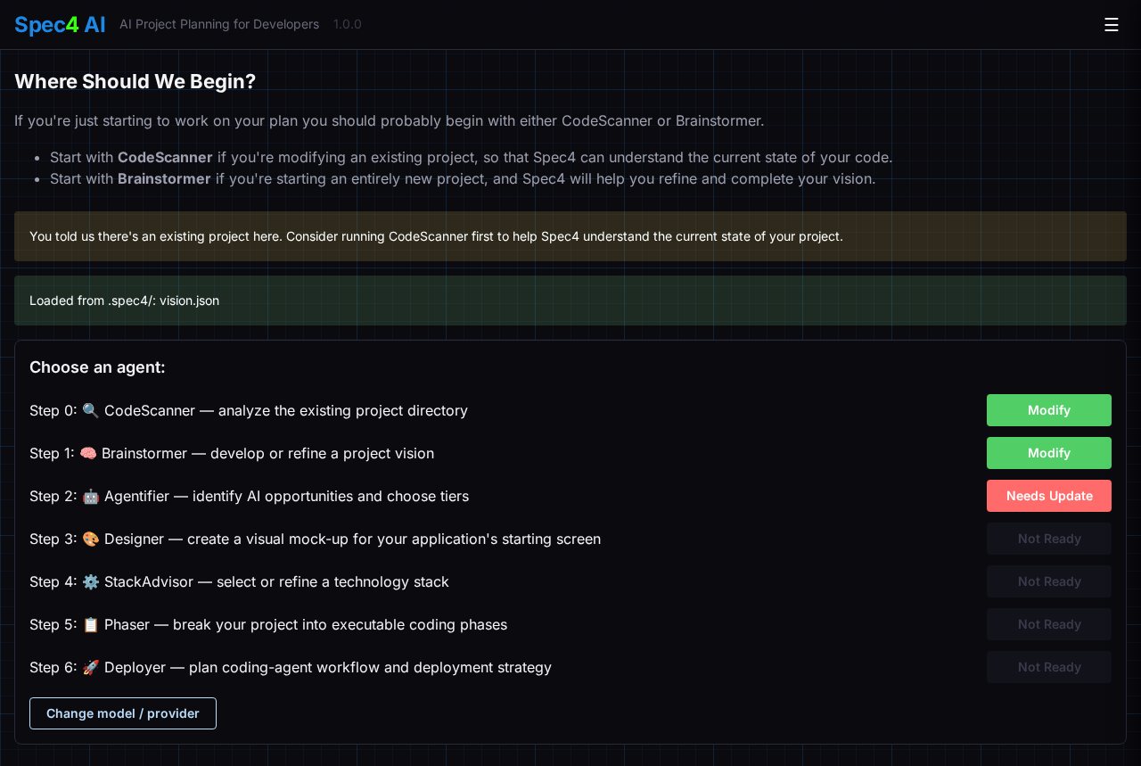 Spec4's Agents page showing per-agent status buttons mid-project
