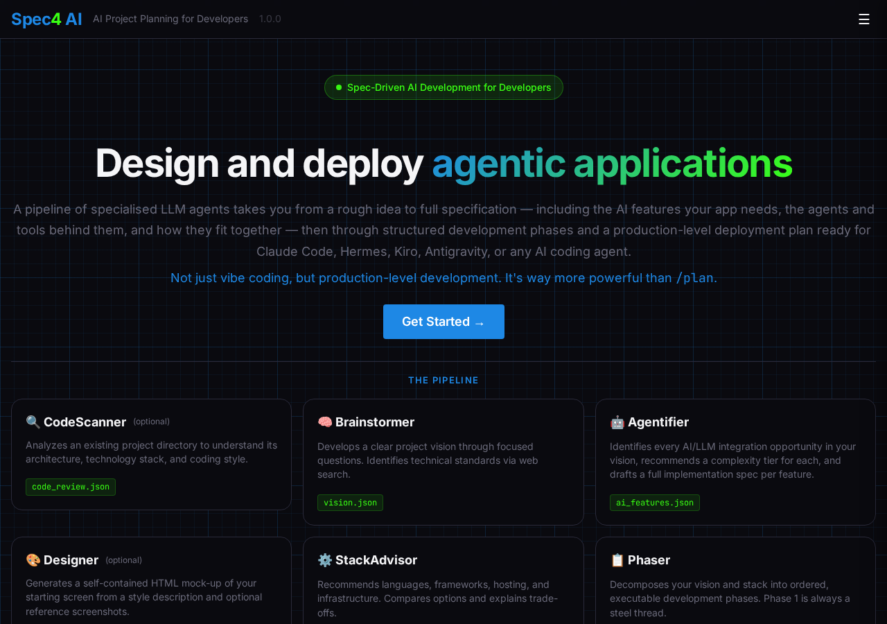 Spec4 running locally — the app landing page