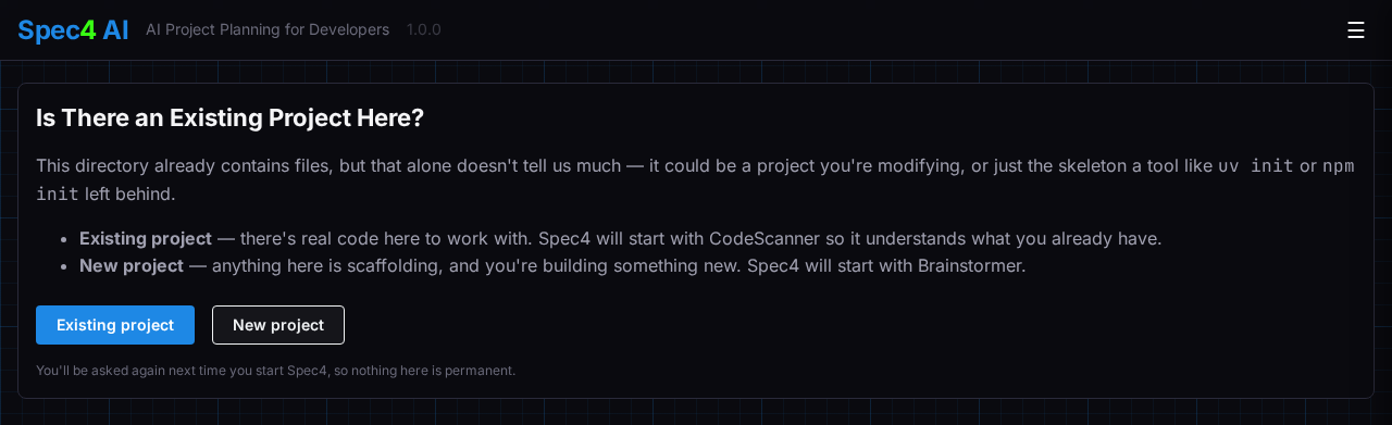 Telling Spec4 whether the directory holds an existing project