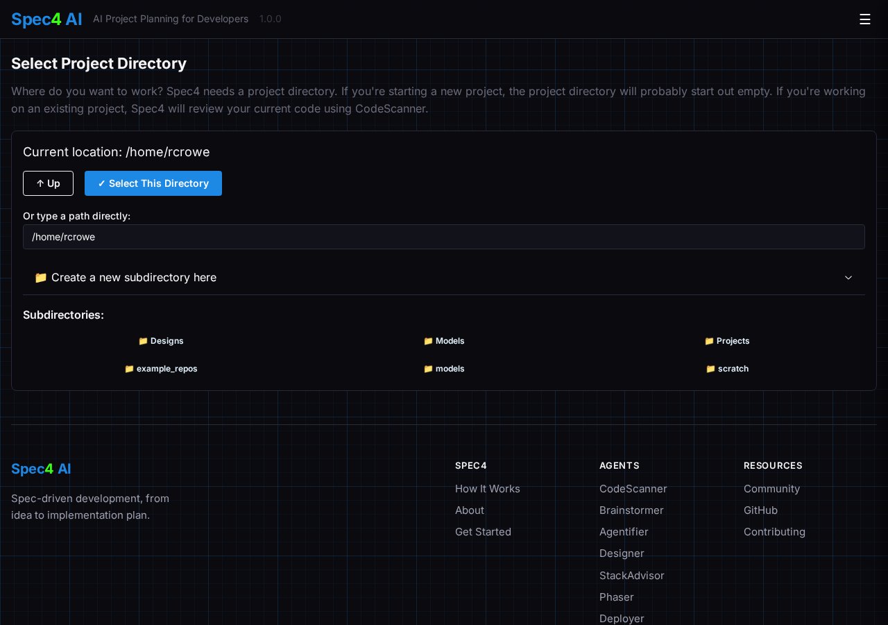 Choosing a project directory in Spec4
